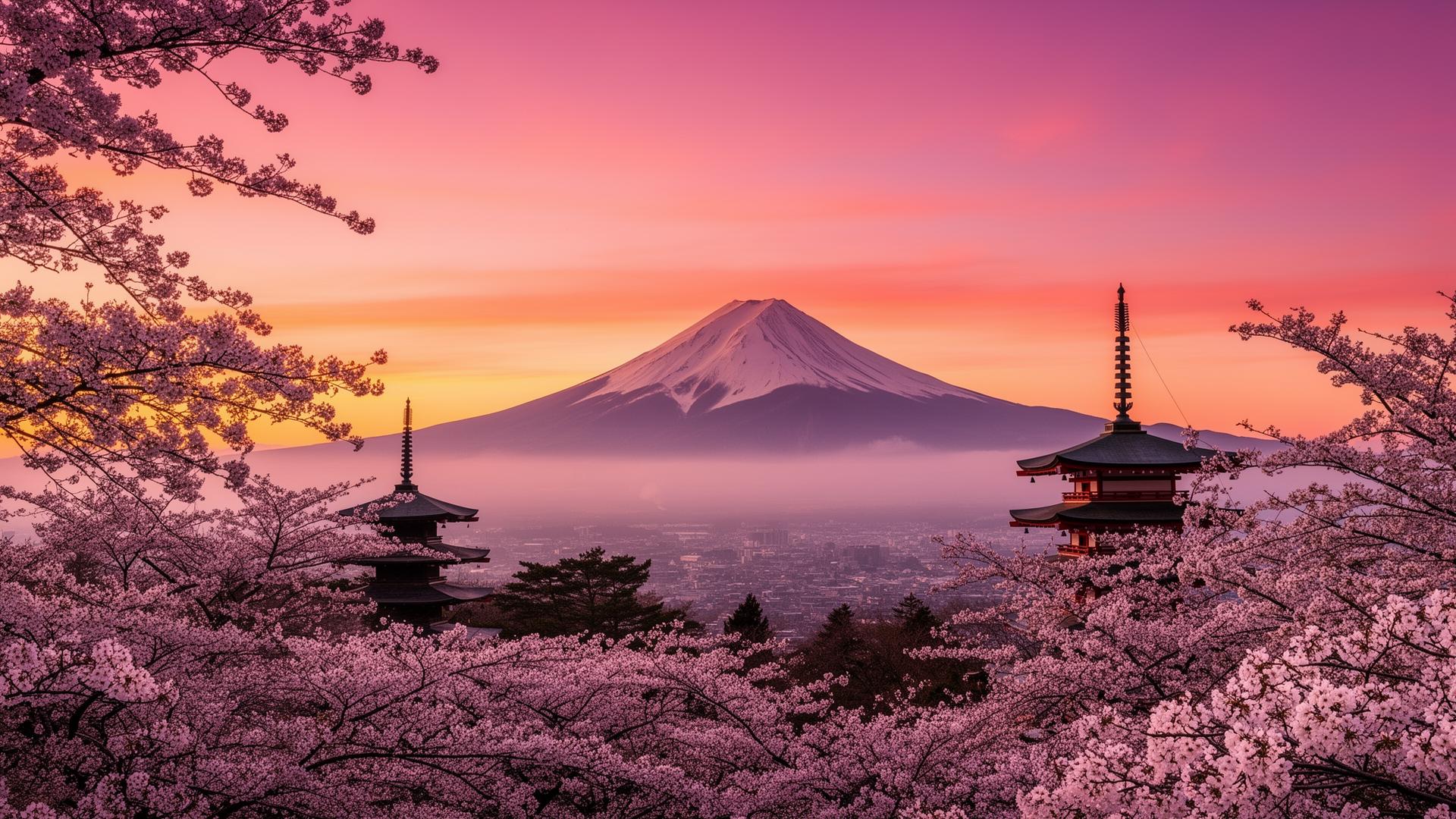 Mount Fuji at sunrise framed by cherry blossoms — Japan DMC by DMC Bazaar