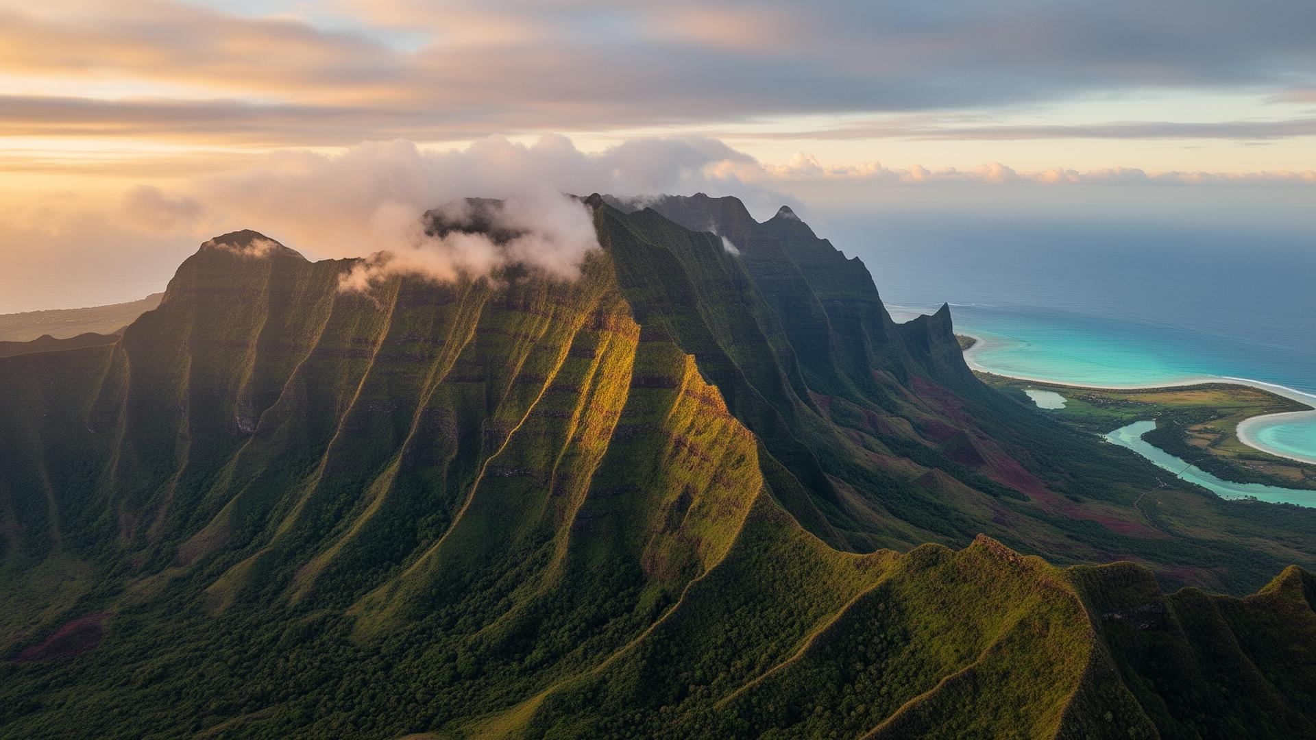 Aerial view of Reunion Island volcanic peaks meeting the turquoise lagoon — Reunion Island DMC by DMC Bazaar