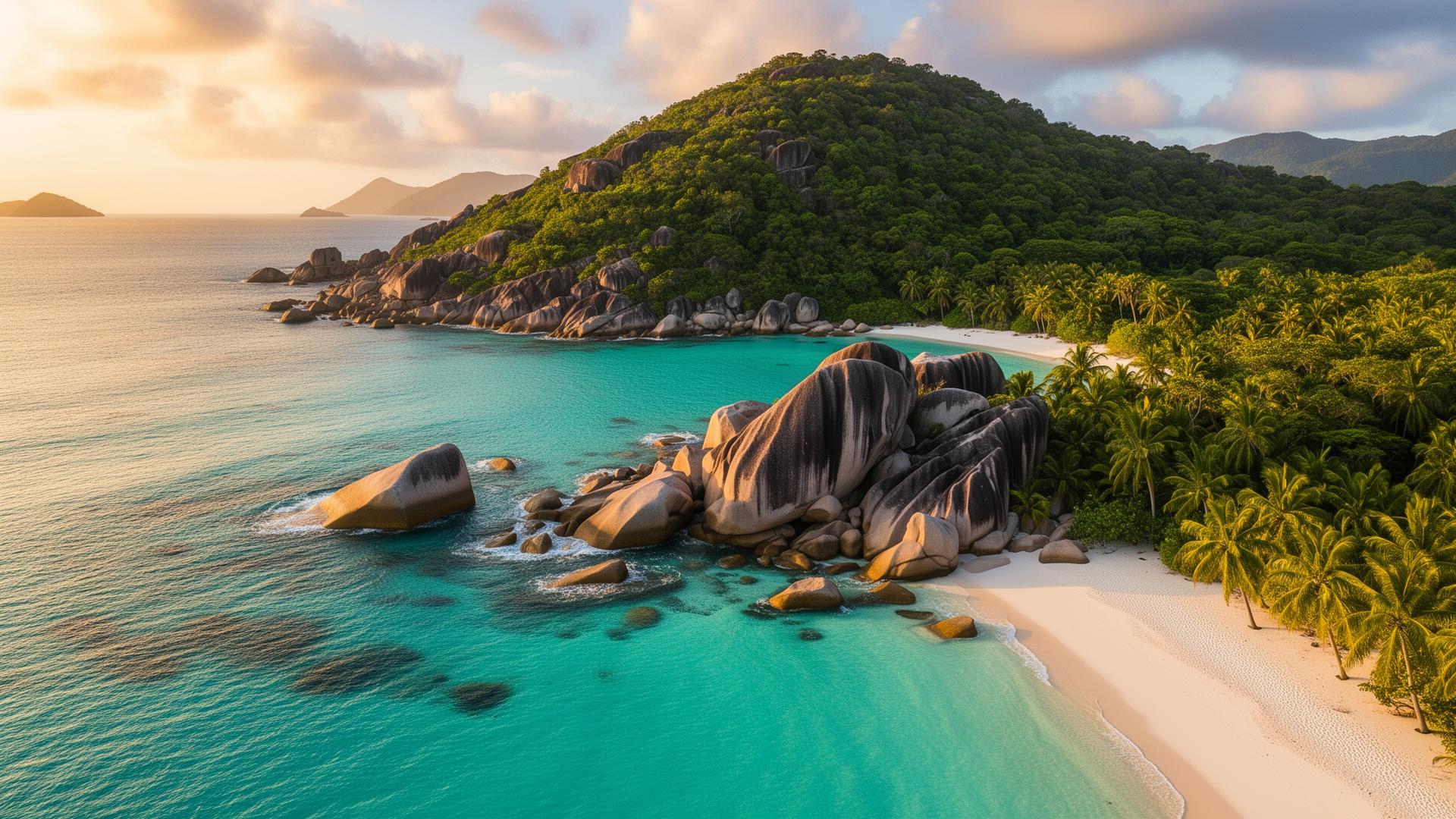 Aerial view of Seychelles turquoise lagoon with iconic granite boulders and palm-fringed white beach — Seychelles DMC by DMC Bazaar